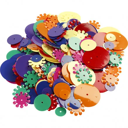 Flitterek, vegyes színek, kerek, méret 10–25 mm, 250 g/1 cs.
